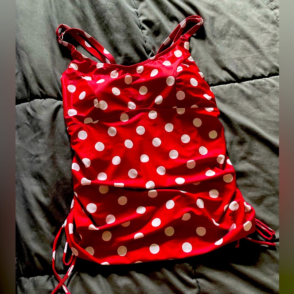 Red and White Polka Dot Swim Top, adjustable - XL